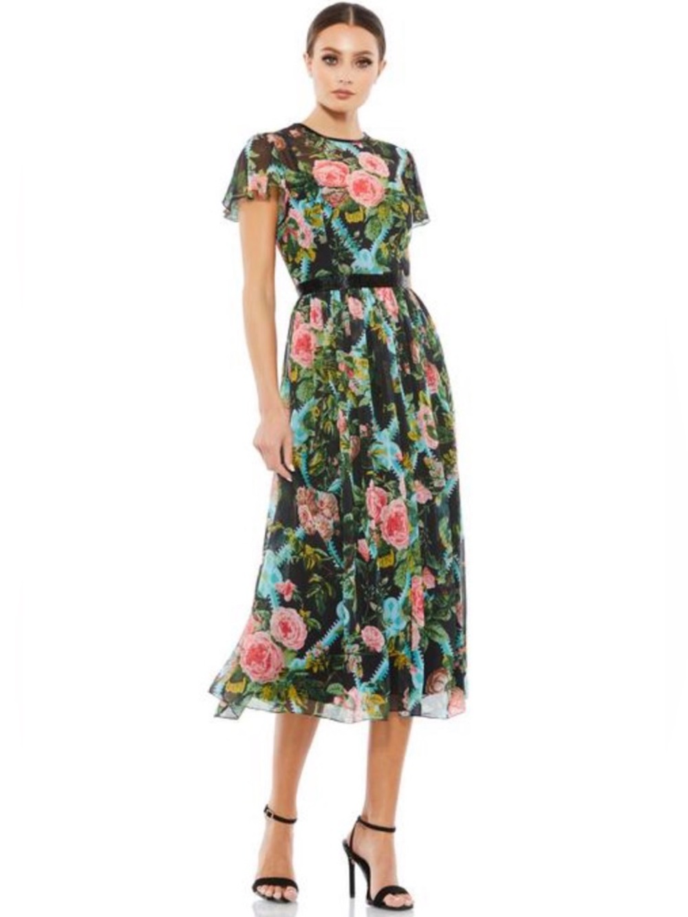 Mac Duggal Short Sleeve Black Floral Midi Dress Style 9149 Size 12 NEW